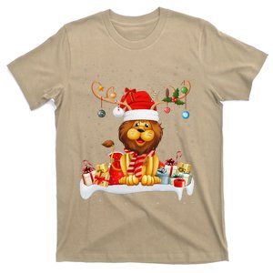 Xmas Lights Reindeer Santa Hat Lion Christmas T-Shirt