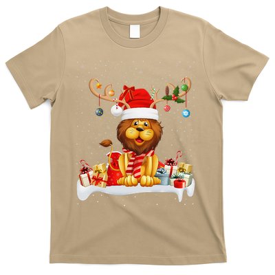 Xmas Lights Reindeer Santa Hat Lion Christmas T-Shirt