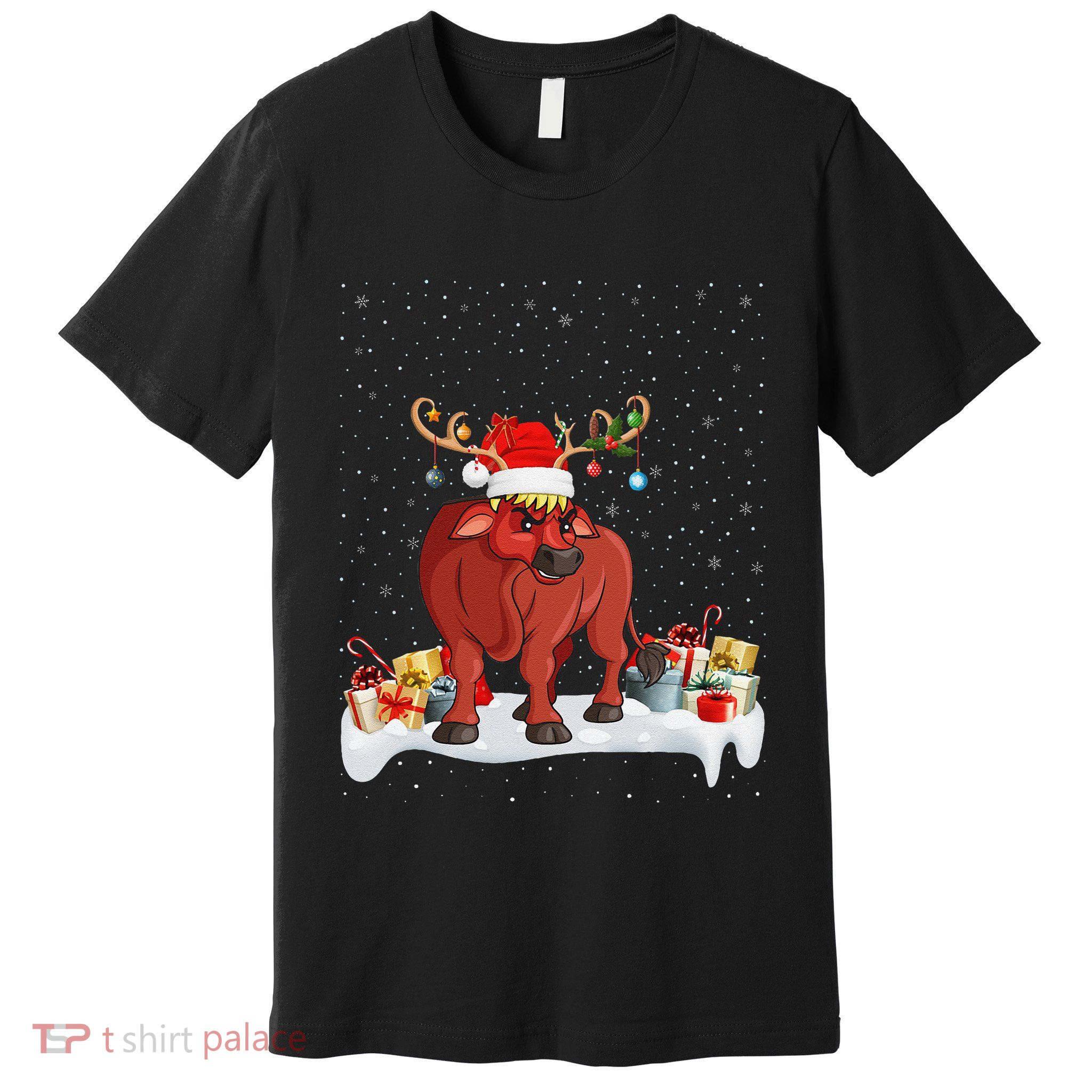 Xmas Lights Reindeer Santa Hat Water Buffalo Christmas Premium T-Shirt