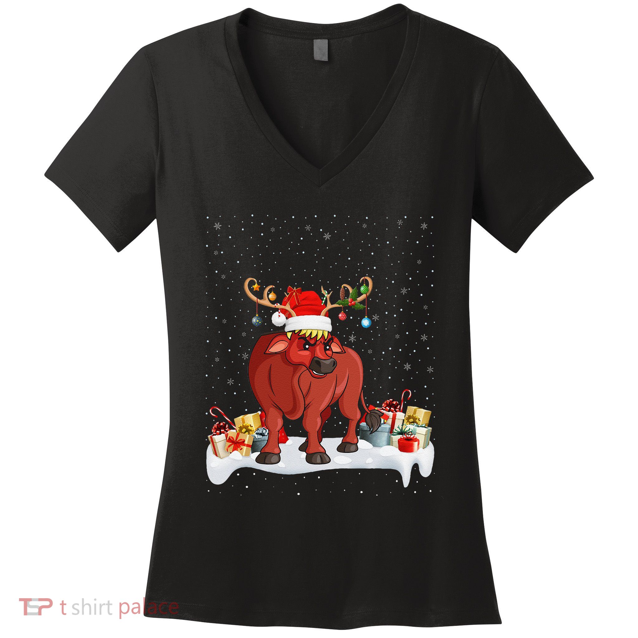 Xmas Lights Reindeer Santa Hat Water Buffalo Christmas Women's V-Neck T-Shirt