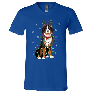 Xmas Lighting Reindeer Hat Bernese Mountain Dog Christmas Gift V-Neck T-Shirt