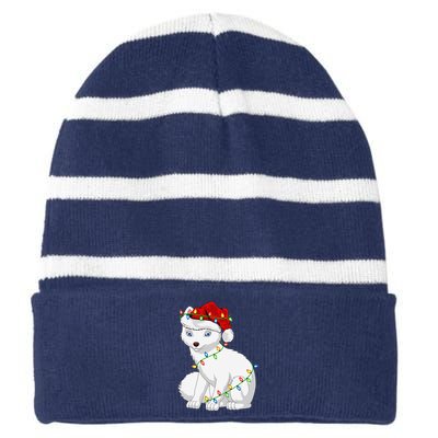 Xmas Lights Santa Hat Arctic Fox Christmas Striped Beanie with Solid Band