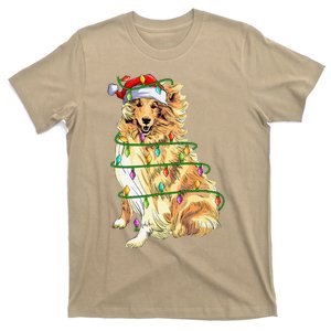 Xmas Lights Santa Hat Rough Collie Dog Christmas T-Shirt