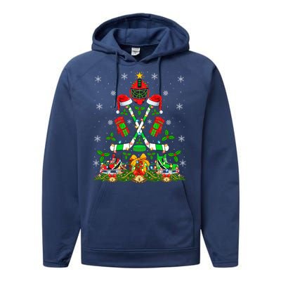 Xmas Lighting Santa Ice Hockey Christmas Tree Meaningful Gift Performance Fleece Hoodie