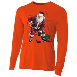 Xmas Lighting Santa Playing Hockey Christmas Gift Cooling Performance Long Sleeve Crew