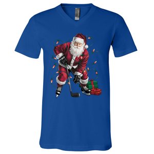 Xmas Lighting Santa Playing Hockey Christmas Gift V-Neck T-Shirt