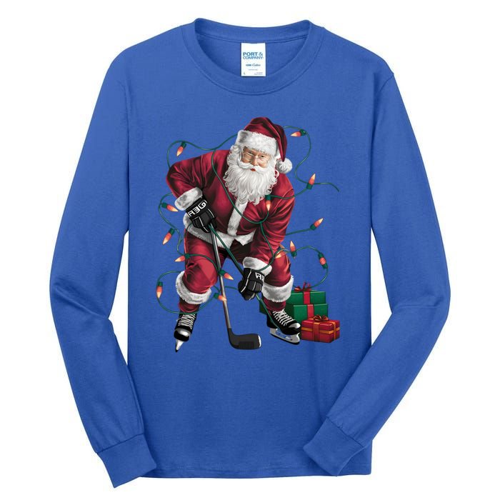 Xmas Lighting Santa Playing Hockey Christmas Gift Tall Long Sleeve T-Shirt