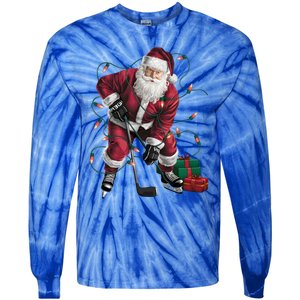 Xmas Lighting Santa Playing Hockey Christmas Gift Tie-Dye Long Sleeve Shirt