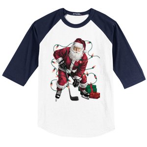 Xmas Lighting Santa Playing Hockey Christmas Gift Baseball Sleeve Shirt