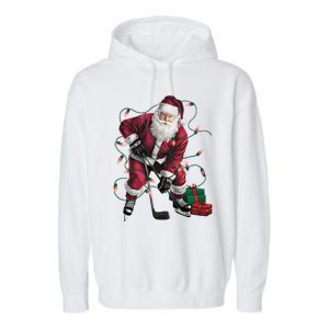 Xmas Lighting Santa Playing Hockey Christmas Gift Garment-Dyed Fleece Hoodie