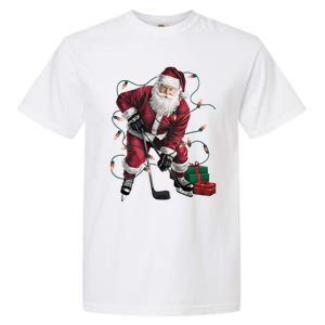 Xmas Lighting Santa Playing Hockey Christmas Gift Garment-Dyed Heavyweight T-Shirt