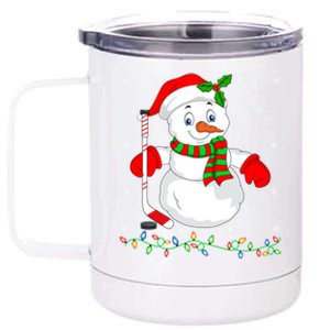 Xmas Lights Santa Snow Playing Ice Hockey Christmas Gift 12 oz Stainless Steel Tumbler Cup