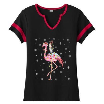 Xmas Lighting Santa Hat Flamingo Riding Penguin Christmas Cute Gift Ladies Halftime Notch Neck Tee