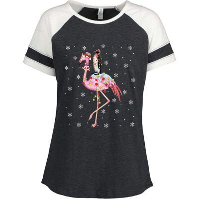 Xmas Lighting Santa Hat Flamingo Riding Penguin Christmas Cute Gift Enza Ladies Jersey Colorblock Tee