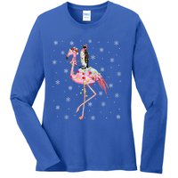 Xmas Lighting Santa Hat Flamingo Riding Penguin Christmas Cute Gift Ladies Long Sleeve Shirt