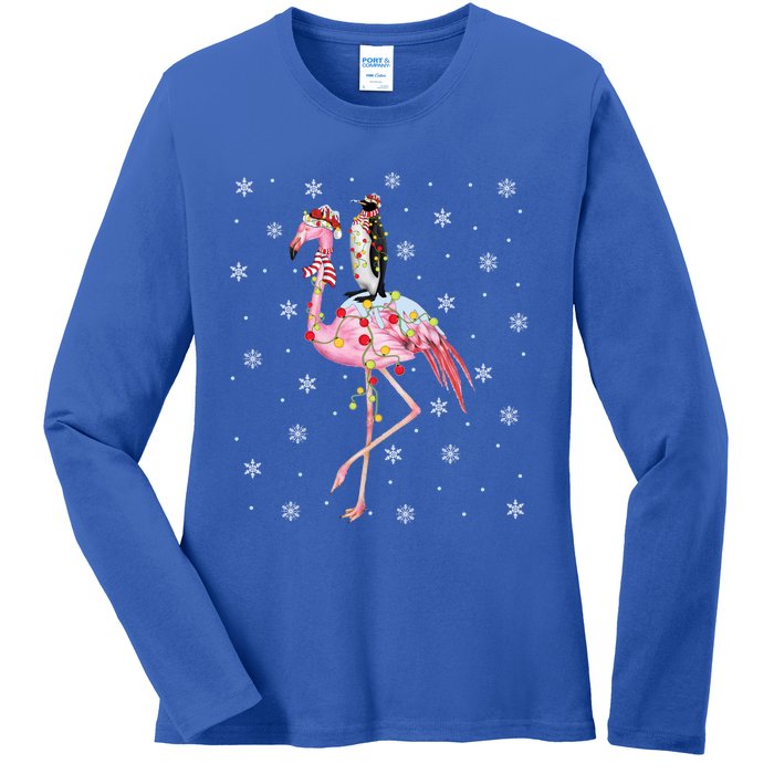 Xmas Lighting Santa Hat Flamingo Riding Penguin Christmas Cute Gift Ladies Long Sleeve Shirt