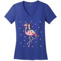 Xmas Lighting Santa Hat Flamingo Riding Penguin Christmas Cute Gift Women's V-Neck T-Shirt