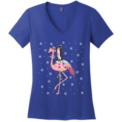 Xmas Lighting Santa Hat Flamingo Riding Penguin Christmas Cute Gift Women's V-Neck T-Shirt