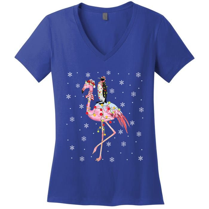 Xmas Lighting Santa Hat Flamingo Riding Penguin Christmas Cute Gift Women's V-Neck T-Shirt