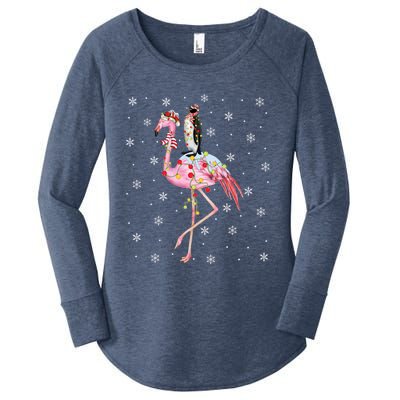 Xmas Lighting Santa Hat Flamingo Riding Penguin Christmas Cute Gift Women's Perfect Tri Tunic Long Sleeve Shirt