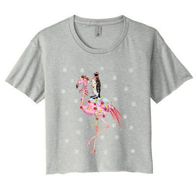 Xmas Lighting Santa Hat Flamingo Riding Penguin Christmas Cute Gift Women's Crop Top Tee