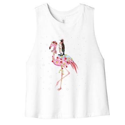 Xmas Lighting Santa Hat Flamingo Riding Penguin Christmas Cute Gift Women's Racerback Cropped Tank