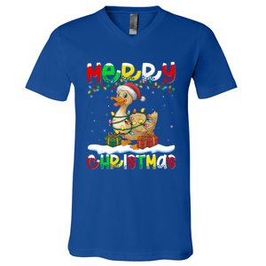 Xmas Lighting Santa Hat Duck Bird Merry Christmas Gift V-Neck T-Shirt