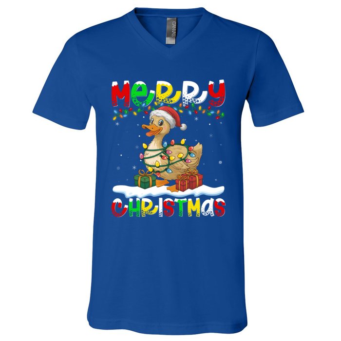 Xmas Lighting Santa Hat Duck Bird Merry Christmas Gift V-Neck T-Shirt