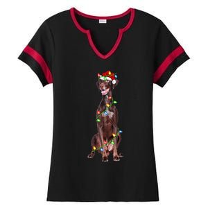 Xmas Lights Santa Hat Pointing Dog Christmas Ladies Halftime Notch Neck Tee