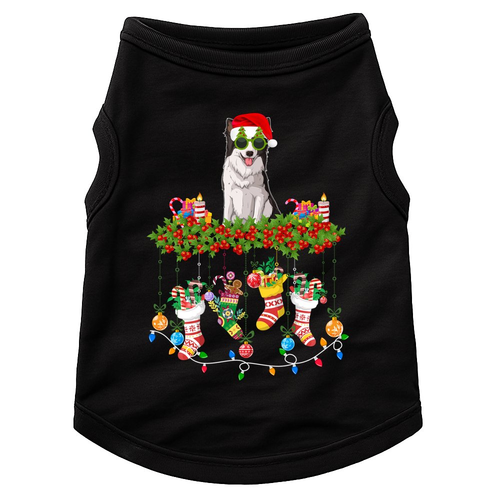 Xmas Light Santa Hat With Xmas Sock Border Collie Dog Lovers Gift Doggie Tank
