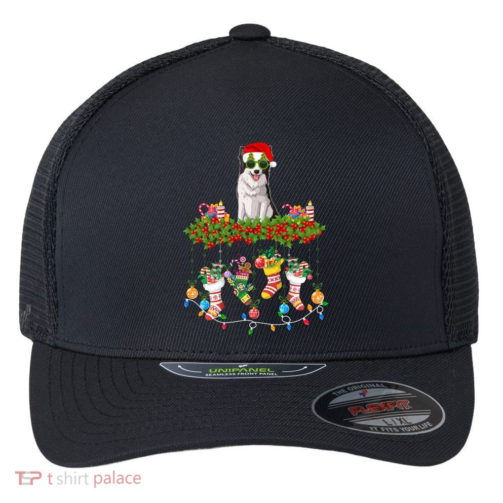Xmas Light Santa Hat With Xmas Sock Border Collie Dog Lovers Gift Flexfit Unipanel Trucker Cap