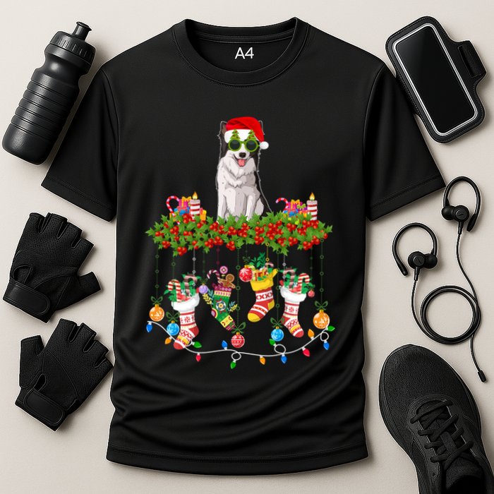 Xmas Light Santa Hat With Xmas Sock Border Collie Dog Lovers Gift Cooling Performance Crew T-Shirt