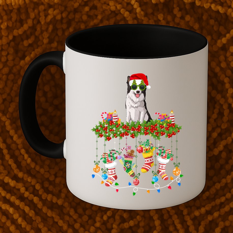 Xmas Light Santa Hat With Xmas Sock Border Collie Dog Lovers Gift Mug