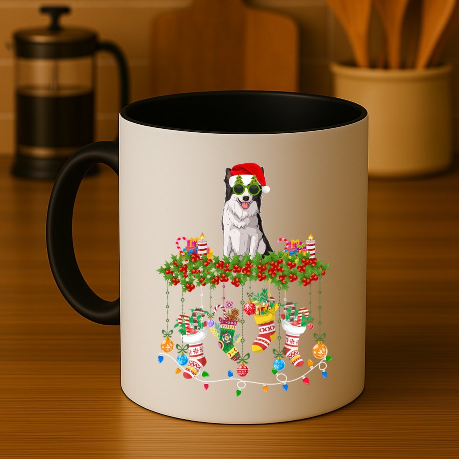 Xmas Light Santa Hat With Xmas Sock Border Collie Dog Lovers Gift Mug
