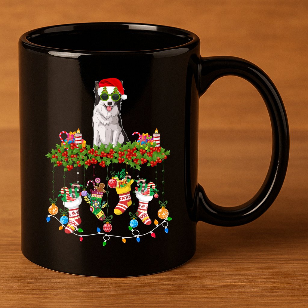 Xmas Light Santa Hat With Xmas Sock Border Collie Dog Lovers Gift 11oz C Handle Ceramic Mug