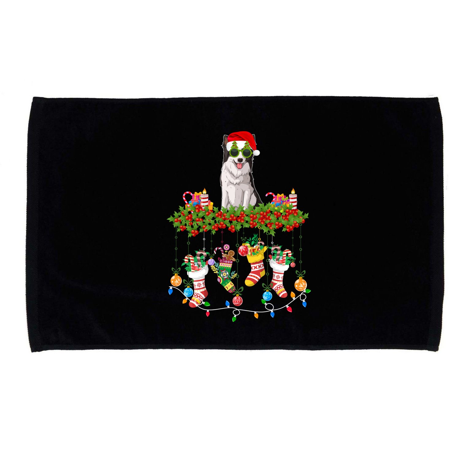 Xmas Light Santa Hat With Xmas Sock Border Collie Dog Lovers Gift Microfiber Hand Towel