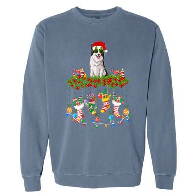 Xmas Light Santa Hat With Xmas Sock Border Collie Dog Lovers Gift Garment-Dyed Sweatshirt