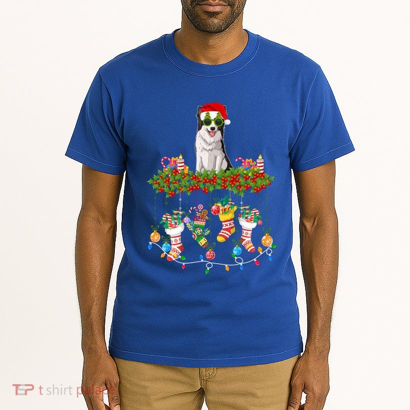 Xmas Light Santa Hat With Xmas Sock Border Collie Dog Lovers Gift Tall T-Shirt