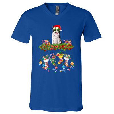 Xmas Light Santa Hat With Xmas Sock Border Collie Dog Lovers Gift V-Neck T-Shirt