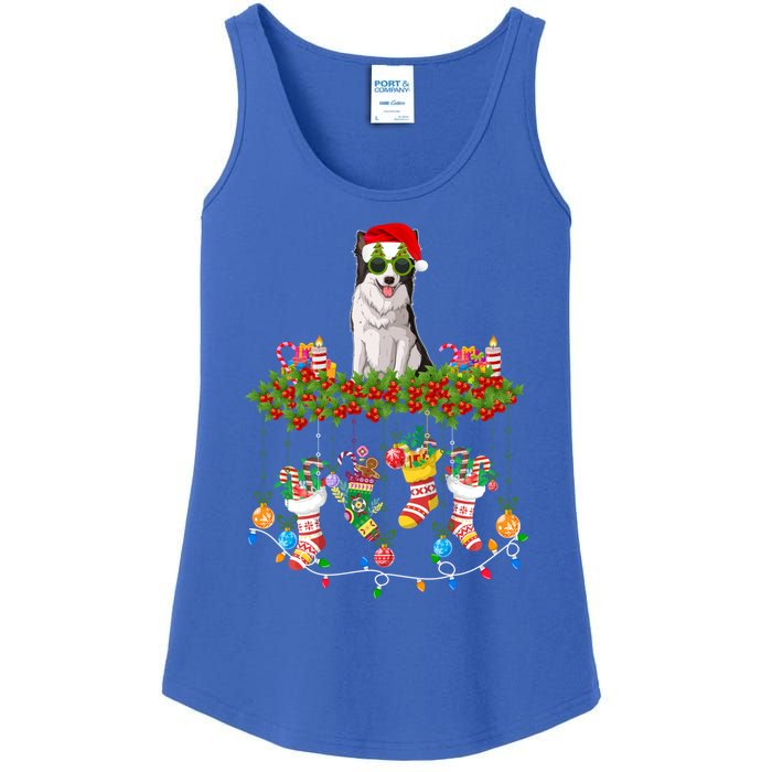 Xmas Light Santa Hat With Xmas Sock Border Collie Dog Lovers Gift Ladies Essential Tank