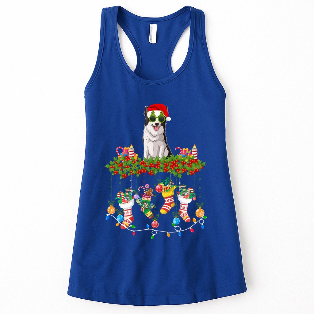 Xmas Light Santa Hat With Xmas Sock Border Collie Dog Lovers Gift Womens Tank Top