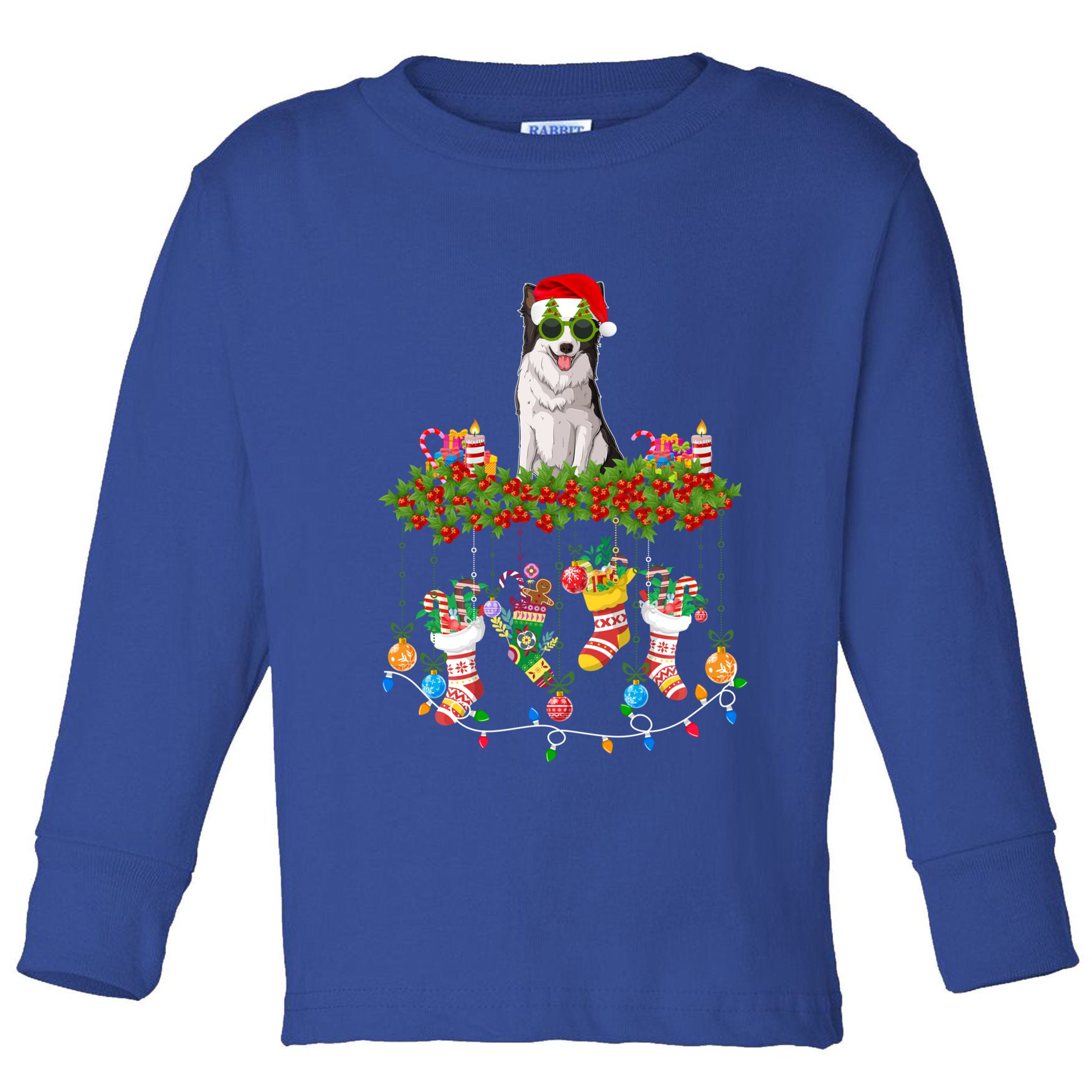 Xmas Light Santa Hat With Xmas Sock Border Collie Dog Lovers Gift Toddler Long Sleeve Shirt