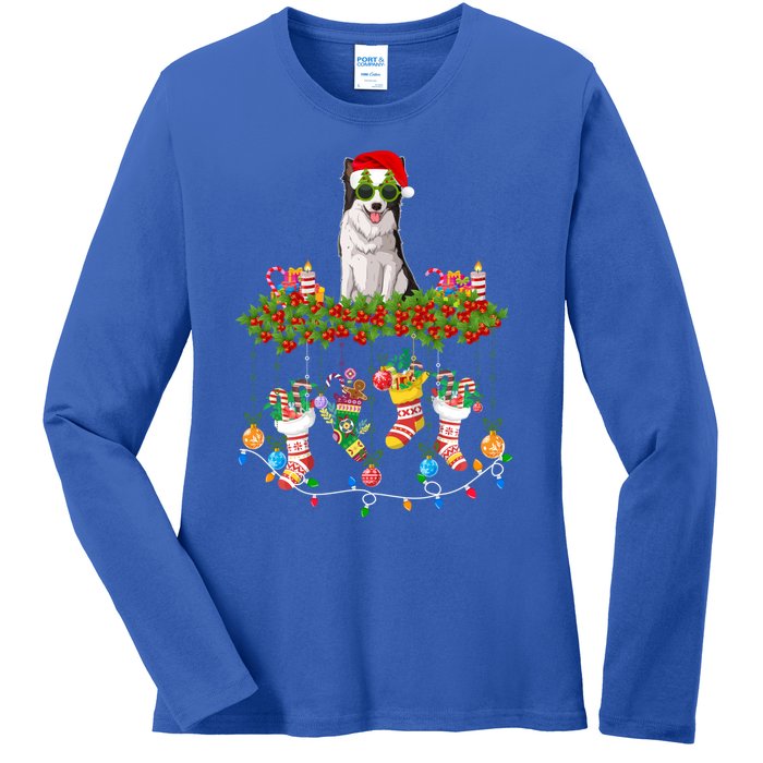 Xmas Light Santa Hat With Xmas Sock Border Collie Dog Lovers Gift Ladies Long Sleeve Shirt