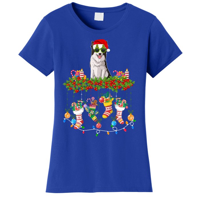 Xmas Light Santa Hat With Xmas Sock Border Collie Dog Lovers Gift Women's T-Shirt