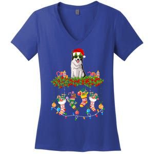 Xmas Light Santa Hat With Xmas Sock Border Collie Dog Lovers Gift Women's V-Neck T-Shirt