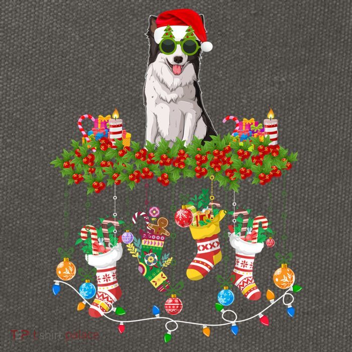 Xmas Light Santa Hat With Xmas Sock Border Collie Dog Lovers Gift Cotton Canvas Backpack
