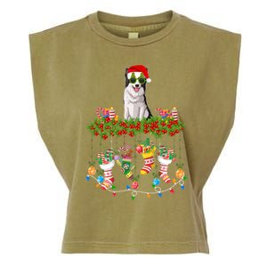 Xmas Light Santa Hat With Xmas Sock Border Collie Dog Lovers Gift Garment-Dyed Women's Muscle Tee