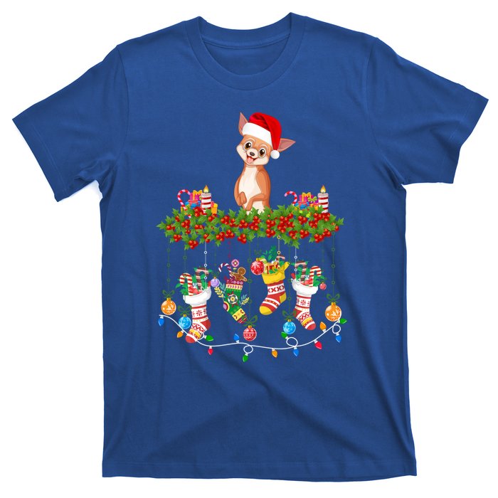 Xmas Light Santa Hat With Xmas Socks Chihuahua Dog Lovers Cool Gift T-Shirt