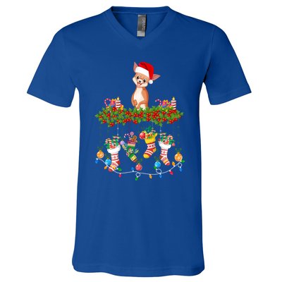 Xmas Light Santa Hat With Xmas Socks Chihuahua Dog Lovers Cool Gift V-Neck T-Shirt