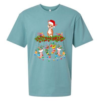 Xmas Light Santa Hat With Xmas Socks Chihuahua Dog Lovers Cool Gift Sueded Cloud Jersey T-Shirt